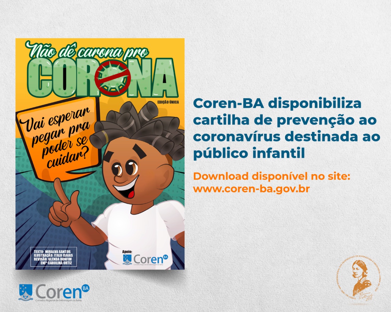 Coren BA disponibiliza cartilha de prevenção ao coronavírus destinada